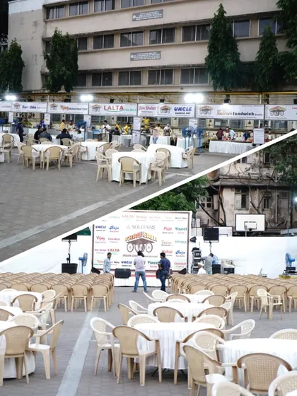 This collage shows two different setups for a corporate event. The top shows banquet style round tables for dining or networking, and the bottom shows theatre style seating facing a branded stage.