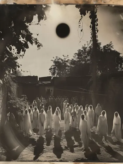 A cult-like gathering under a black sun, from 'once upon a time'. This series uses the aesthetic of early photography to create unsettling, fictional historical records.