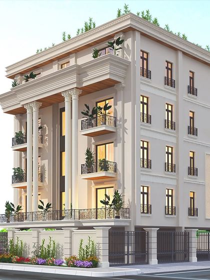 From this angle, the grand colonnade becomes the dominant feature, lending a sense of history and permanence to this modern apartment building concept.