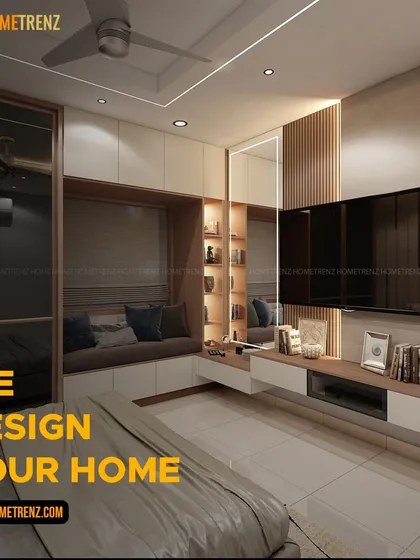 I design your home, piece by piece. This bedroom showcases a multi-functional wall unit, incorporating a TV console, a cozy window seat with storage, and open shelving for books and decor.