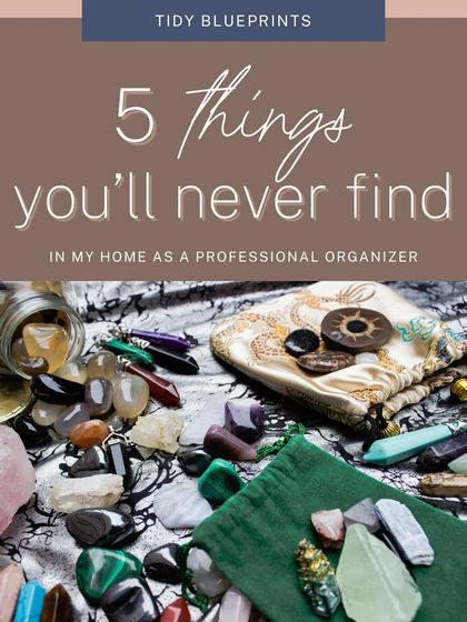 Here are five things you'll never find in my home as a professional organizer. This carousel explains why I avoid common clutter culprits like unused gifts, freebies, and piles of paper receipts.