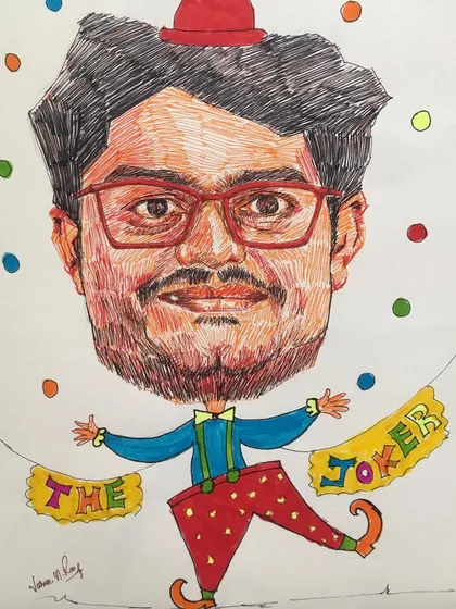 The "Joker" of the group, this caricature is all about bringing fun and laughter. The bright colors and playful theme were a joy to create using my signature pen and ink style.