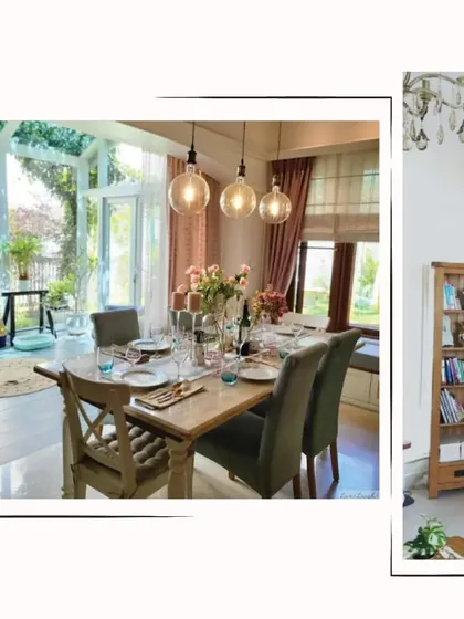 A collage showcasing a project with a cottage-core allure, featuring a sunlit dining area and rustic-chic living room details.