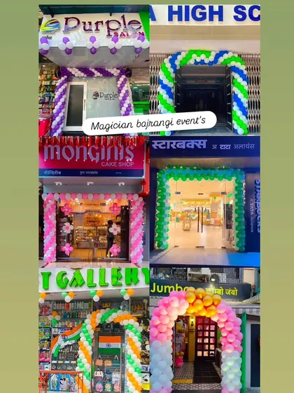 I also provide decoration services for commercial spaces. This collage shows several shop inauguration projects I've done for brands like Starbucks and Monginis, using balloon arches to create a festive and welcoming entrance for their grand opening.
