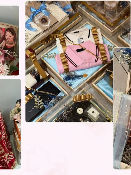 More examples of my bridal trousseau work. This collage shows how I can package everything from the bride's outfits to gifts for the family with a cohesive and luxurious aesthetic.