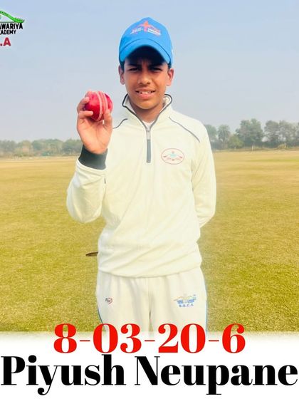 Piyush Neupane showing the match ball after a destructive spell. His bowling figures of 6 wickets for just 20 runs won us the match.