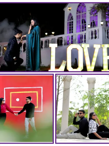 This collage showcases the variety of backdrops available at a pre-wedding shoot location. From a romantic proposal setup to colorful, quirky walls, we can create many different looks in one day.