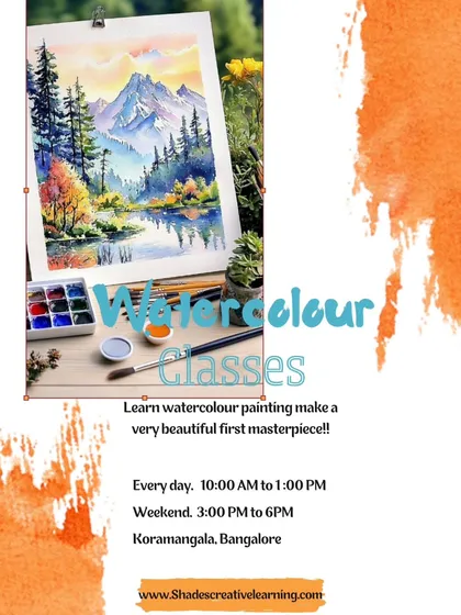 A promotional flyer for our daily watercolor classes, inviting you to create your first masterpiece with us.
