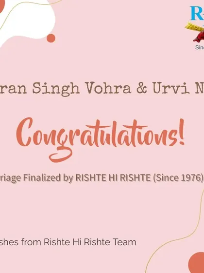 Congratulations to Simran Singh Vohra and Urvi Negi on their finalized marriage. We wish them a joyous life together.