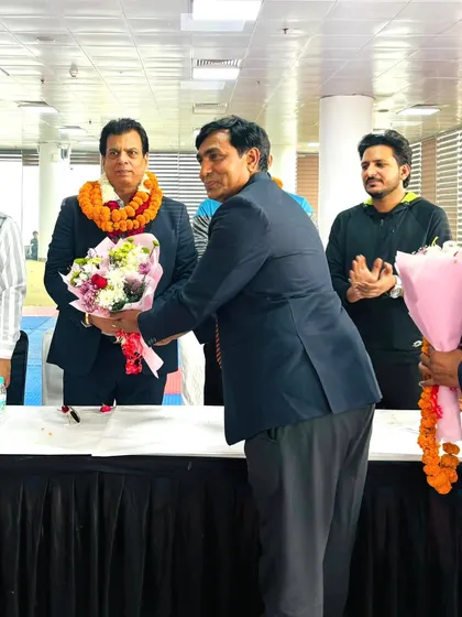 Being welcomed at the SGFI Delhi State selection trials at Thyagaraj Stadium, New Delhi. School Games are a vital platform for identifying young talent.