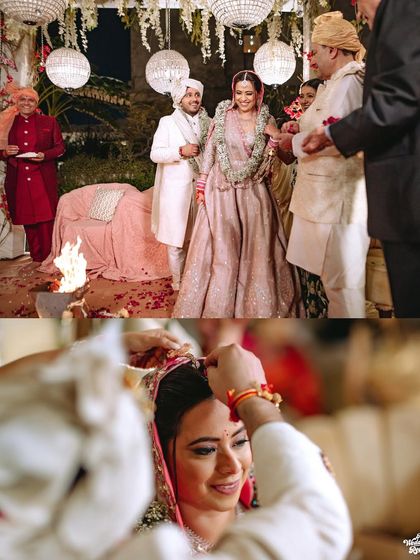 A collage showing the bride's entrance and the sindoor ceremony, two pivotal moments of the wedding.