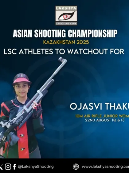 Our athlete Ojasvi Thakur, another one of our rising stars, ready to take on the competition in the 10m Air Rifle Junior Women event in Kazakhstan.