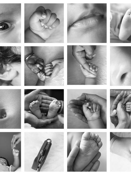A black and white collage of a newborn's tiny details: their eyes, hands, feet, ears, and nose. These are the little things we never want to forget.
