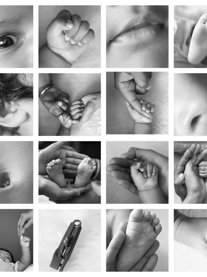 A black and white collage of a newborn's tiny details: their eyes, hands, feet, ears, and nose. These are the little things we never want to forget.