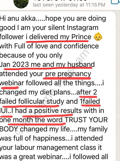 After 2 failed follicular studies and 1 failed IUI, this student's life was changed by the words "TRUST YOUR BODY". She conceived naturally within a month of attending my webinar.