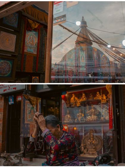 A diptych of reflections and devotion in Kathmandu. The top shows the Boudhanath Stupa reflected in a shop window, and the bottom shows a woman praying with beads.