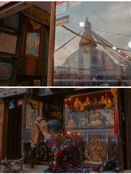 A diptych of reflections and devotion in Kathmandu. The top shows the Boudhanath Stupa reflected in a shop window, and the bottom shows a woman praying with beads.