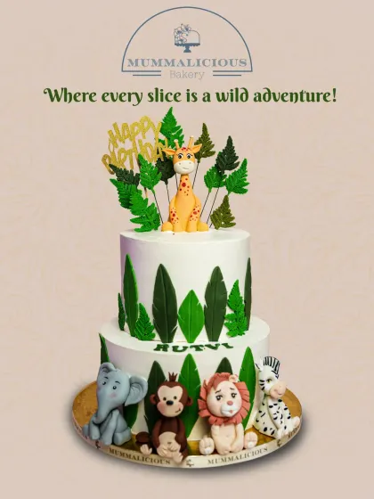 Take a walk on the wild side with our jungle adventure cake. This two-tiered creation features handcrafted, adorable fondant animals like a lion, monkey, and giraffe, making it perfect for a safari-themed birthday party.