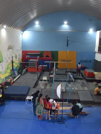 An overhead view of our academy during a competition setup. You can see the expansive floor space that allows for multiple activities to happen simultaneously.