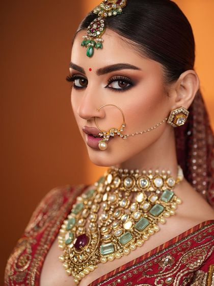 Regal Elegance. A close-up on the bold smokey eye and perfectly defined features of this stunning bridal look, paired with a traditional nath.