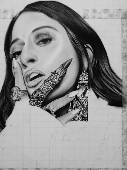This is the 98-hour process of drawing Raja Kumari. The progress shots highlight the extreme detail in her jewelry and the challenge of rendering different textures.