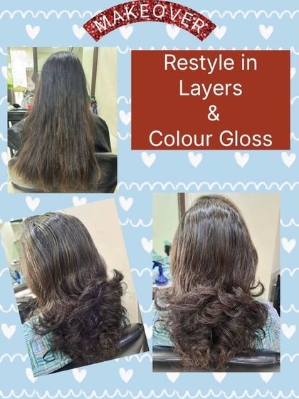 An incredible restyle featuring layers and a color gloss. The gloss treatment adds amazing shine and richness to the new brunette color, making the hair look incredibly healthy.