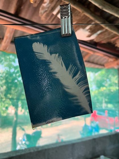 The simple elegance of a feather captured in a cyanotype print. This piece was made during our community outreach workshop, demonstrating how everyday objects can be transformed into beautiful art using just sunlight and simple chemistry.