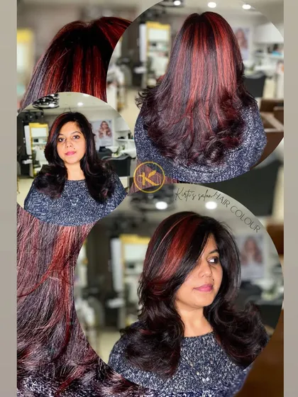 A collage of the client with the red highlights, providing a closer look at the color placement and the flattering, face-framing layers.