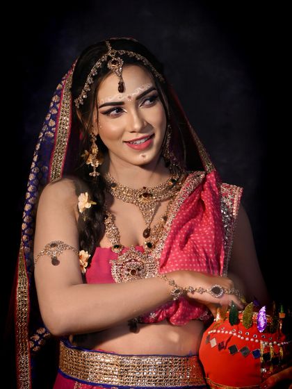 A beautiful portrayal of Radha, designed to complement the Krishna makeup. This shows our ability to create paired character looks for performances or photoshoots.