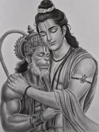 A touching portrait of Lord Ram and his devotee Hanuman, showing a moment of divine connection and love.