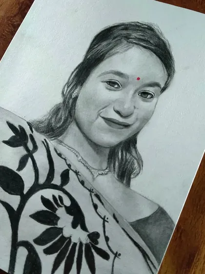 This portrait of a woman in a saree with a floral pattern shows my ability to render complex designs on clothing.