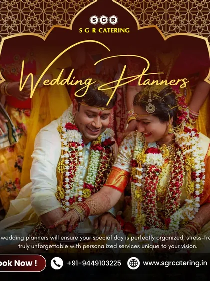 A happy couple shares a joyful moment during their South Indian wedding ceremony. We manage every detail of the event, from coordinating traditional rituals to ensuring the celebration flows perfectly, allowing you to focus on what truly matters.