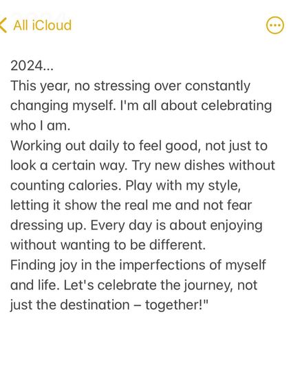 My promise for 2024: no more stressing over changing myself. It's about celebrating who I am, working out to feel good, and finding joy in the imperfections. Let's celebrate the journey.