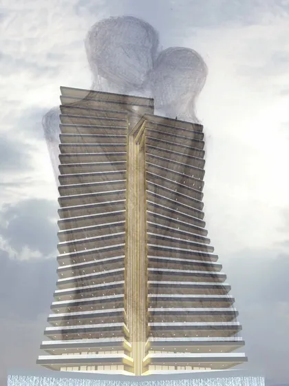 This conceptual rendering for the Embrace Tower visualizes our ambition to create iconic urban structures. The design is inspired by a warm embrace, with flowing curves that connect life and style, creating a dynamic presence on the city skyline.