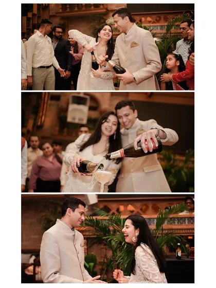 A series of photos capturing the fun of a champagne pop at an engagement party. The sequence shows the anticipation, the pop, and the shared laughter, telling a small story of celebration.
