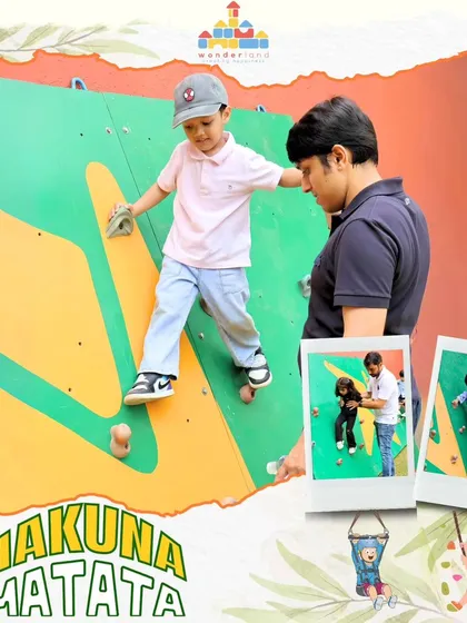The rock climbing wall at our Hakuna Matata adventure camp is a great challenge for our little explorers. With dad's help and encouragement, they build confidence and strength.