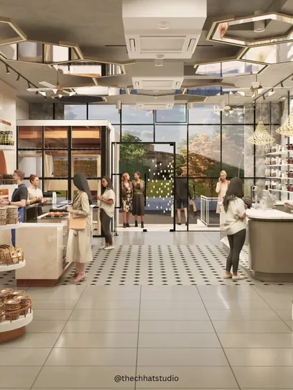A glimpse into a bustling retail space we designed. The goal was to create an open, inviting atmosphere that encourages browsing. We used a combination of patterned floor tiles, warm ambient lighting, and unique hexagonal ceiling mirrors to make the store feel spacious and memorable for every visitor.