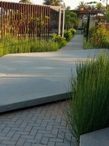 A modern park design using a combination of concrete slabs, brick pavers, and tall ornamental grasses. The clean lines and contrasting materials create a contemporary look.