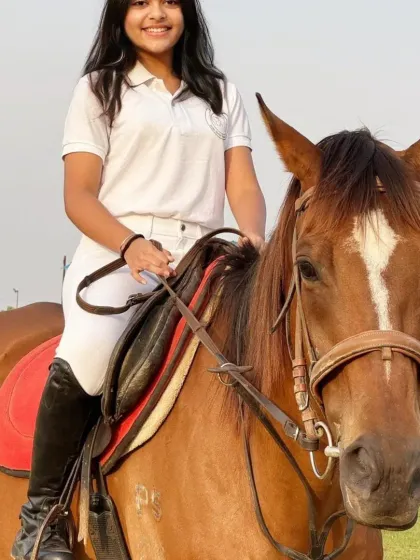 A close-up of a confident rider. Our lessons focus on correct posture and clear communication with the horse.