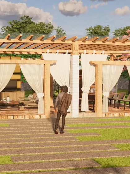 This rendering shows a large, open-sided pavilion with flowing white curtains, offering a flexible space for dining or lounging. The structure is set within a vast lawn, providing a touch of elegance and resort-style living.