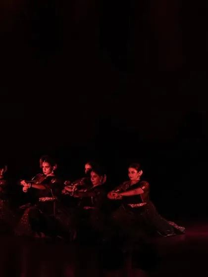 In this scene from 'Ek Anant', I am performing alongside my troupe. The use of dramatic lighting and space helps build the narrative of the Ramayan.