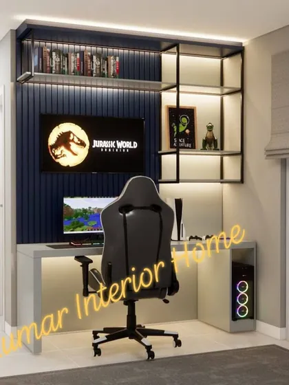 A close-up of the Jurassic World-themed gaming setup, complete with a high-end gaming PC and a large monitor.