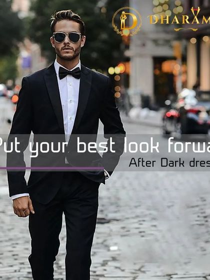 A model in a classic black tuxedo, perfect for "After Dark dressing." This image captures the essence of evening sophistication.