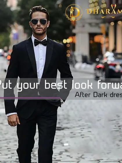 Put your best look forward. A graphic showcasing a classic black tuxedo for a sophisticated "after dark" look.
