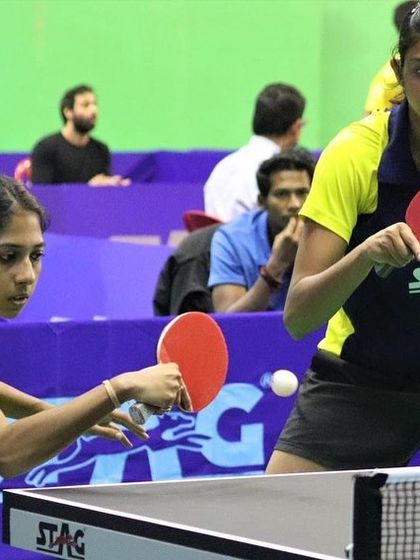 Samyuktha and her partner in a doubles match at the Senior Nationals, where they reached the quarterfinals.