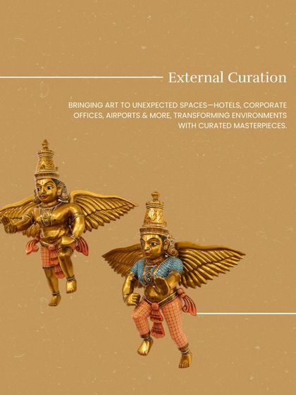 A graphic showcasing our external curation service, featuring the winged Kinnala figures. We bring art to unexpected spaces like hotels, corporate offices, and airports.