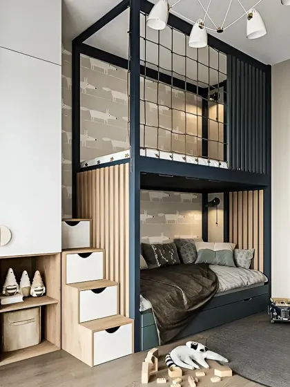 For this child's bedroom, we maximized a compact space with a custom-built loft bed. The design includes integrated drawers in the stairs for smart storage, a cozy lower bunk, and a safe, enclosed upper bunk with a playful rope detail, creating a fun and functional room.
