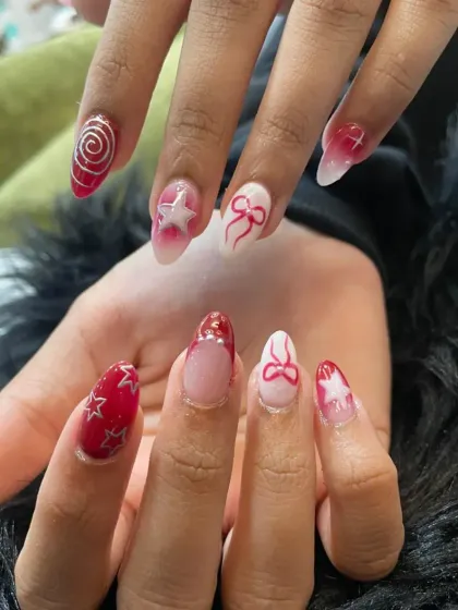 Another look at the playful red and pink set with stars, bows, and swirls, perfect for a fun and festive occasion.