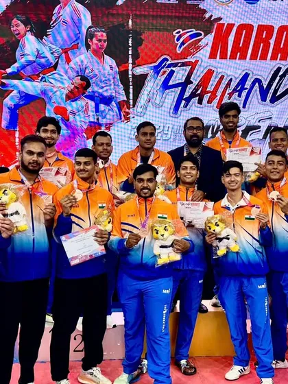 Our men's team celebrating their medal haul at the Thailand Open Karate Championship. Their performance contributed to India's overall 2nd position finish.