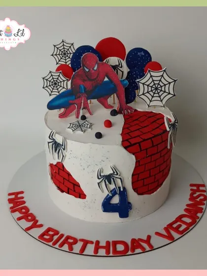 A dynamic Spider-Man cake for a 4th birthday. This design features Spidey in an action pose against a brick wall, surrounded by webs and spiders.